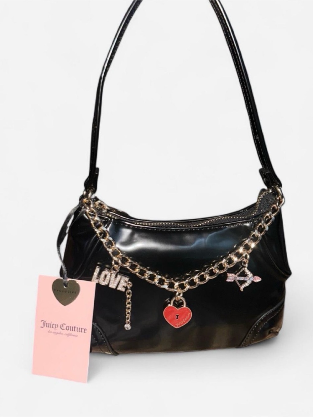 Juicy Couture Black Patent Shoulder Bag with Gold Charm Chain and Red Heart
